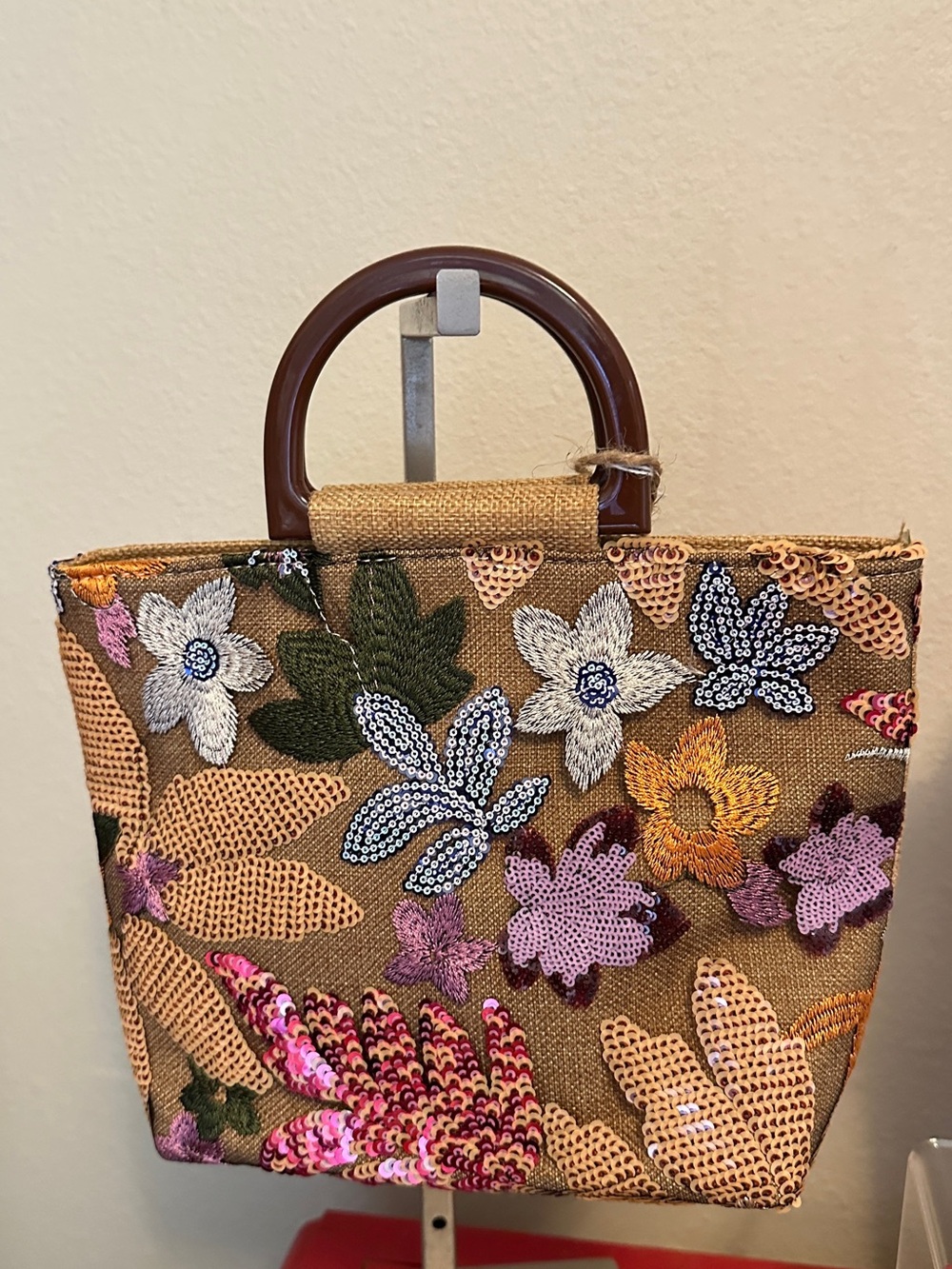 Embroidered Floral Sequin Tote Bag in Brown